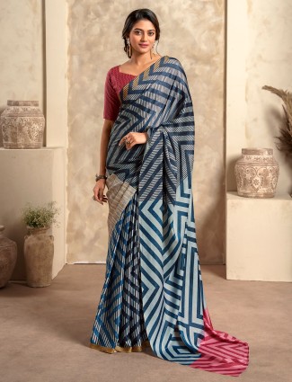 Blue and grey crepe saree with awesome prints