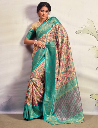 Golden and sky blue silk saree with unstitched blouse piece