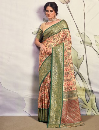 Green and golden silk saree with zar work