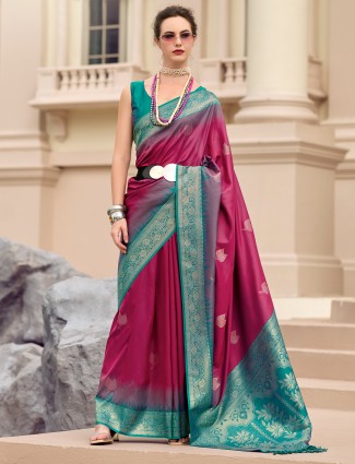 Printed raspberry rose soft silk saree with unstitched blouse piece.