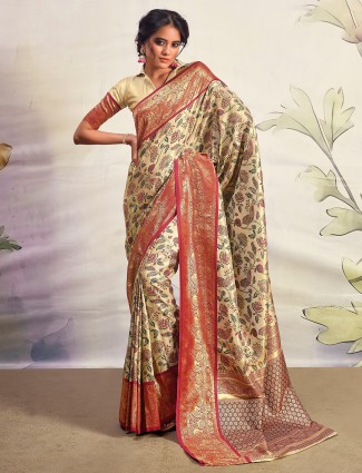 Weddin wear cream and maroon silk saree