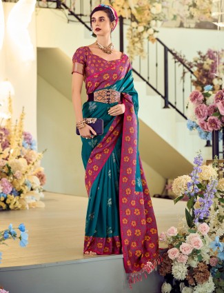 Rama blue festival wear printed saree