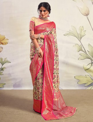Golden and magenta zari work silk saree