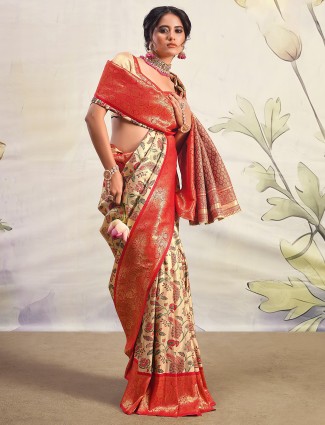 Wedding wear silk cream saree for festivals