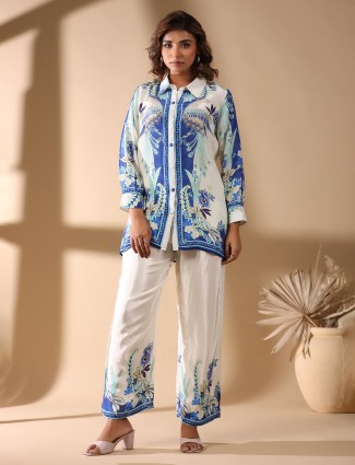 White and blue satin silk casual co-ord set