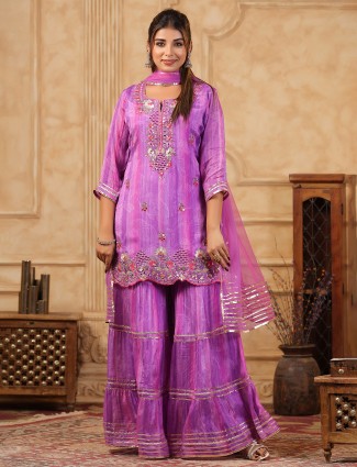 Purple silk sharara suit with Embroidery work