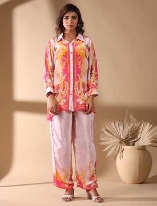 Pink satin silk printed co-ord set