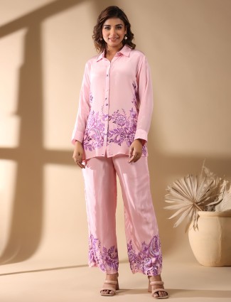 Light pink printed satin silk casual co-ord set