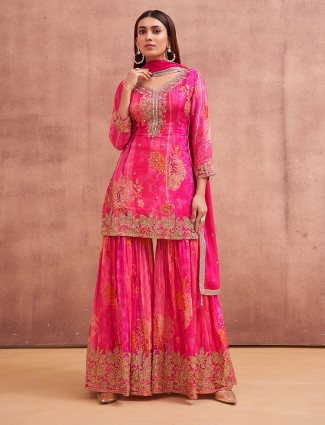 Premium wedding wear rani silk printed sharara set