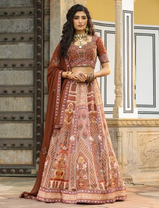 Silk based brown printed embroidered lehenga choli 