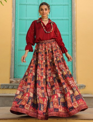 Maroon silk printed lehenga choli with sequins and beads work