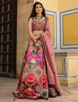 Peach silk printed lehenga choli with sequins work