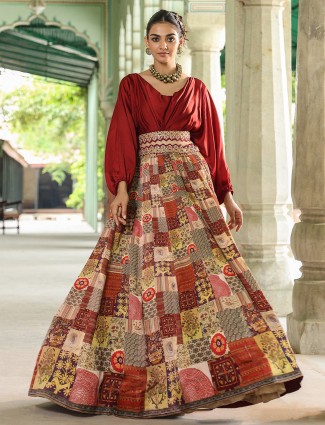 Maroon and beige printed silk wedding style lehenga choli