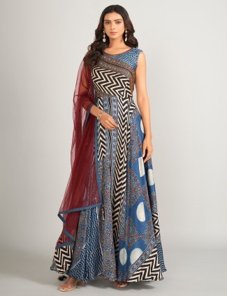 Blue silk printed anarkali salwar suit with sequins and pearl