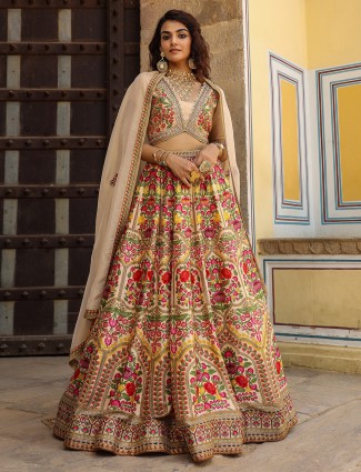 Silk based beige printed lehenga choli for wedding