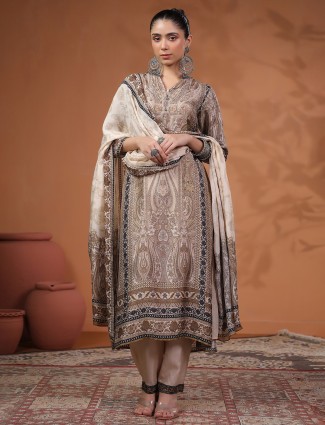 Brown printed silk kurti dress with thread work