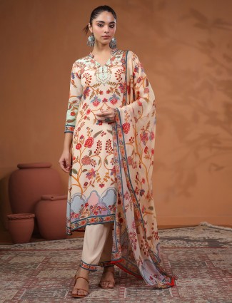 Cream satin festival wear kurti dress with matching pant
