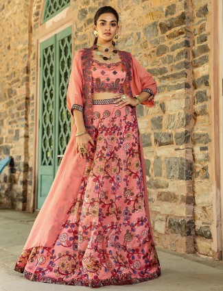 Silk based peach lehenga choli with shrug