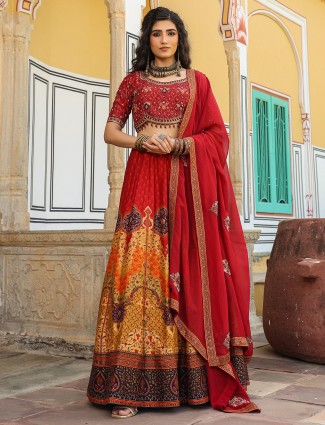 Red and yellow printed silk lehenga choli with dupatta