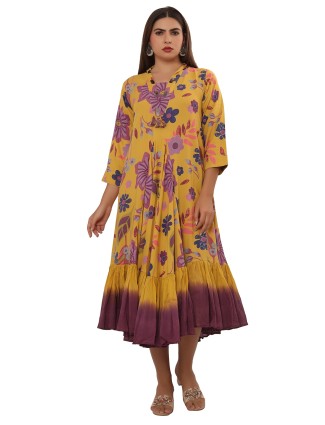 Mustard yellow printed silk casual kurti dress