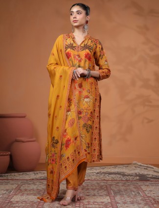 Mustard yellow silk printed sequined kurti set