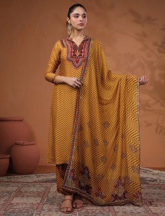 Mustard yellow silk printed kurti set for festivals