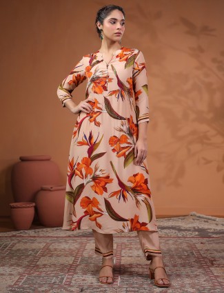 Peach printed satin kurti dress for this festival