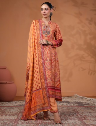 Persian orange embroidered silk kurti dress with dupatta