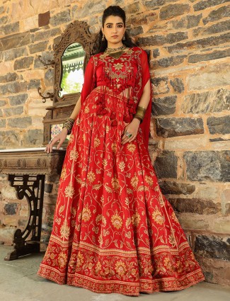 Red wedding style silk lehenga choli with shrug