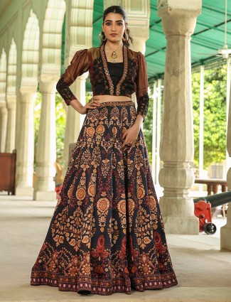 Charcoal and brown silk lehenga with quarter sleeves choli