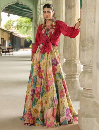 Beige and maroon silk lehenga choli with applique