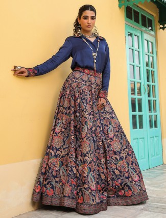Navy blue printed silk lehenga with full sleeves choli