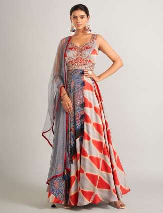 Silk based grey and red anarkali salwar suit with matching dupatta