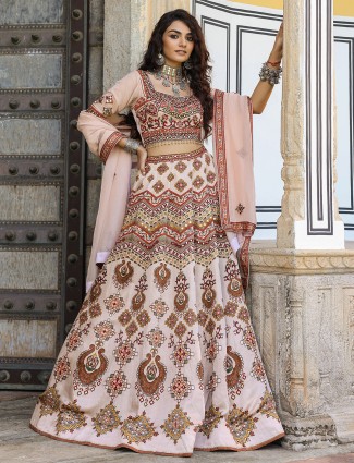 White and peach silk printed lehenga choli for traditional look