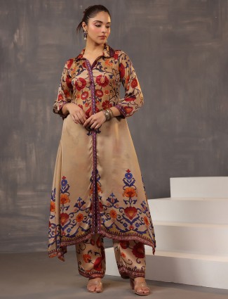 Beige printed silk kurti dress with matching pant