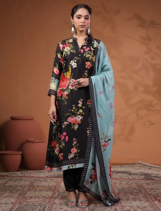 Black printed cotton silk kurti dress with matching pant