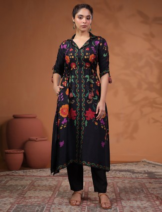 Black silk printed kurti set for festival season