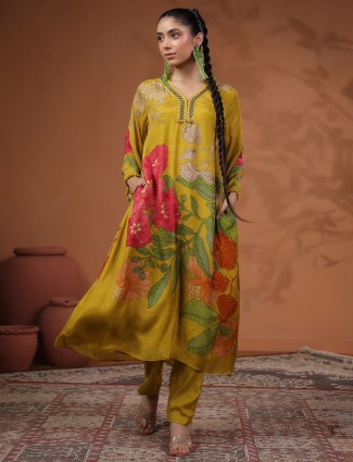 Olive shade printed kurti dress with full sleeves