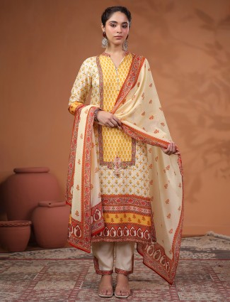 Cream and yellow silk printed kurti dress with matching dupatta