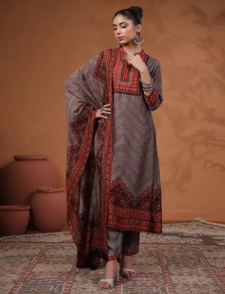 Festial style grey silk printed kurti set