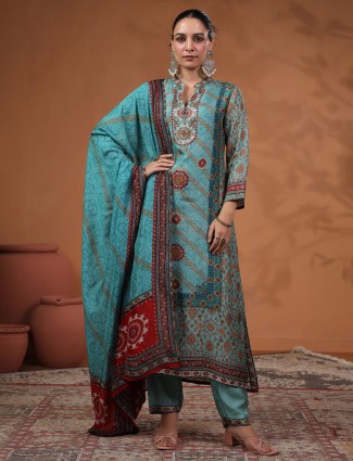 Sky blue printed kurti dress with sequins work