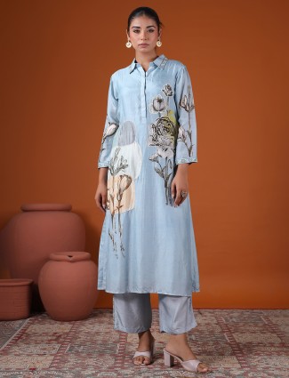 Light blue printed kurti suit with beads and thread work