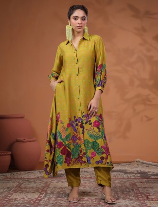 Mehendi green printed festival wear kurti dress with sequins work