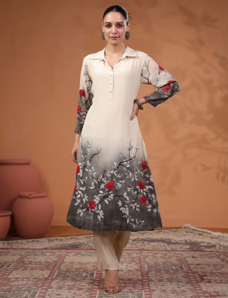 Beige and grey printed silk kurti dress for festival season