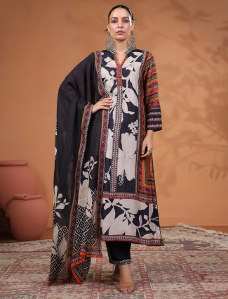 Black raw silk kurti dress with thread work