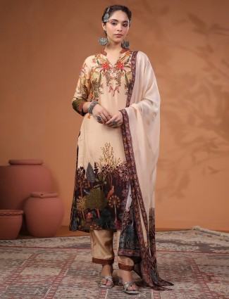 Cream silk printed kurti dress with matching bottom