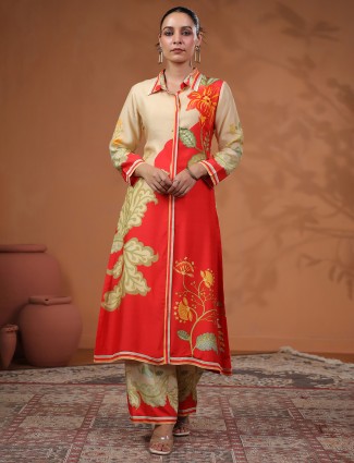 Festival wear red and beige silk kurti dress