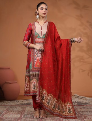 Red printed silk kurti set with beads work