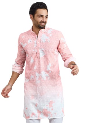 Peach printed embroidery kurta suit for men
