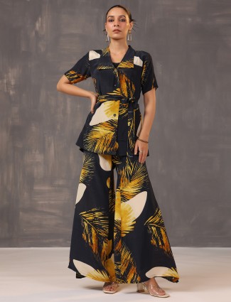 Black printed casual co ord set in satin